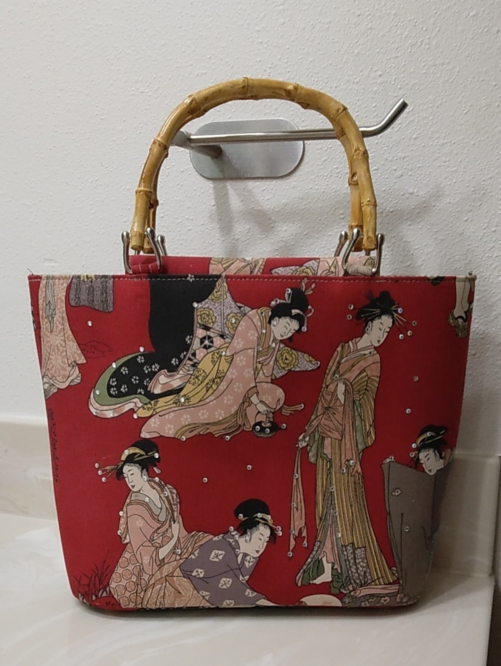 Red Geisha Print Hand Bag with Bamboo Handle Made In USA